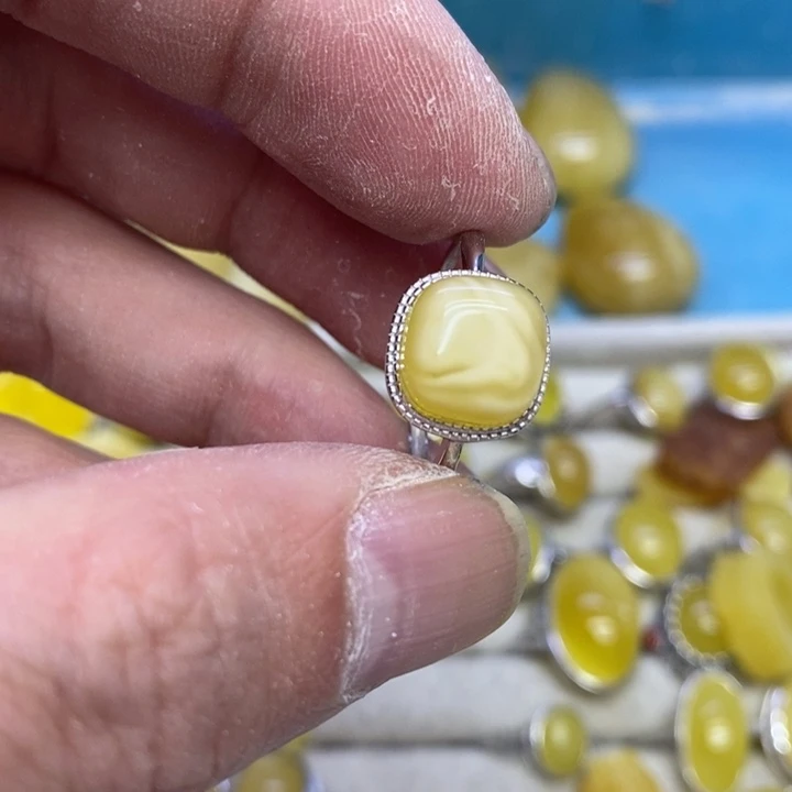 蜜蜡裸石银S925镶嵌戒指