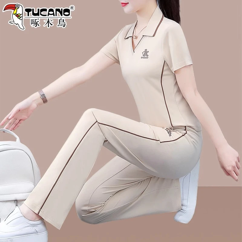 【官方】啄木鸟女士运动套装夏装新款夏季冰丝两件套短袖休闲装
