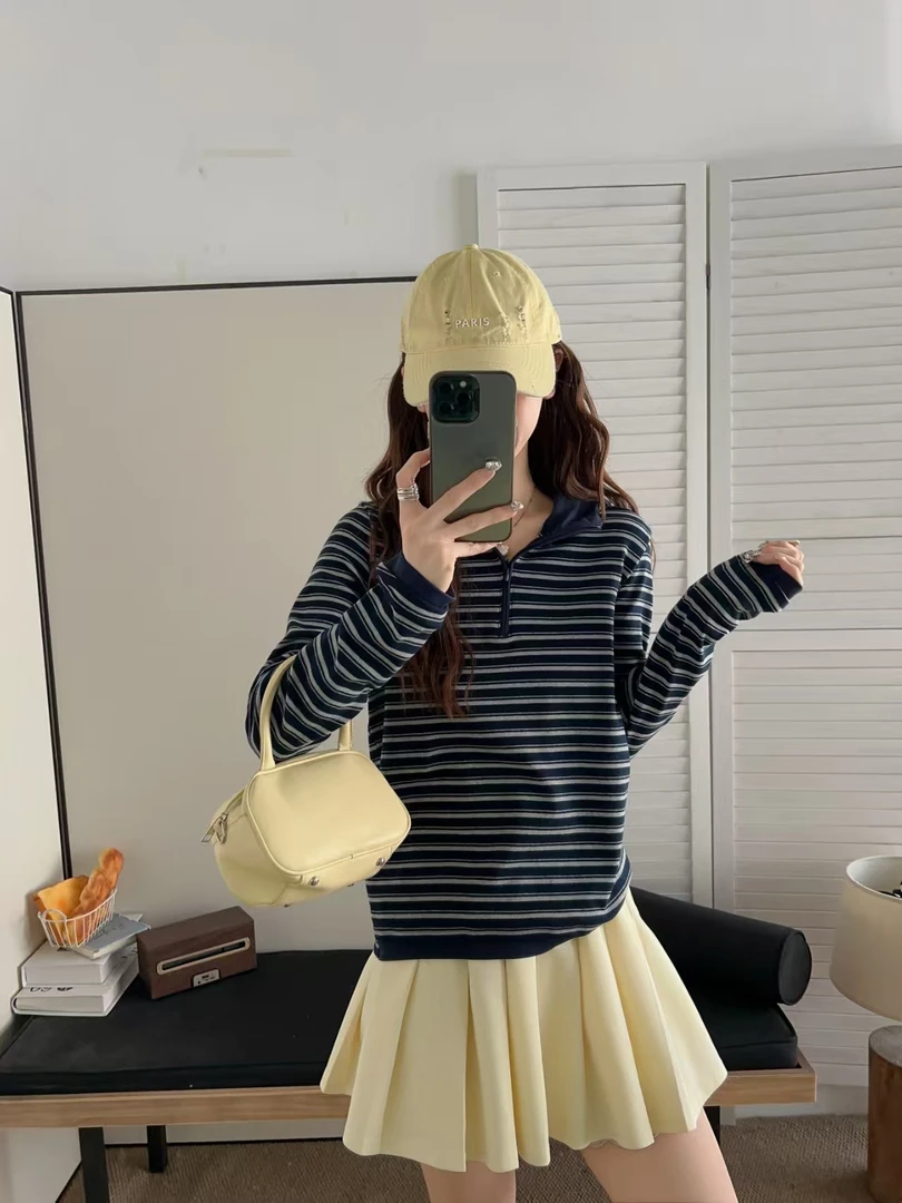 条纹连帽卫衣女2025新款秋休闲正肩半拉链套头帽衫长袖上衣5639-1