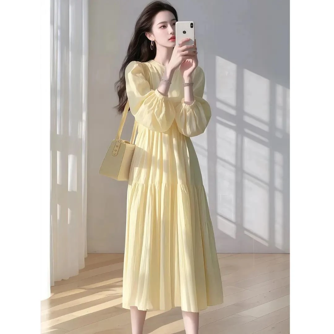 4223超好看黄色宽松衬衫连衣裙女早春新款法式度假风仙女气质长裙