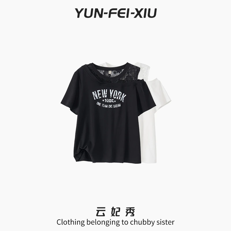 云妃秀大码女装T恤镂空拼接时尚休闲宽松显瘦胖妹妹短袖夏季58801
