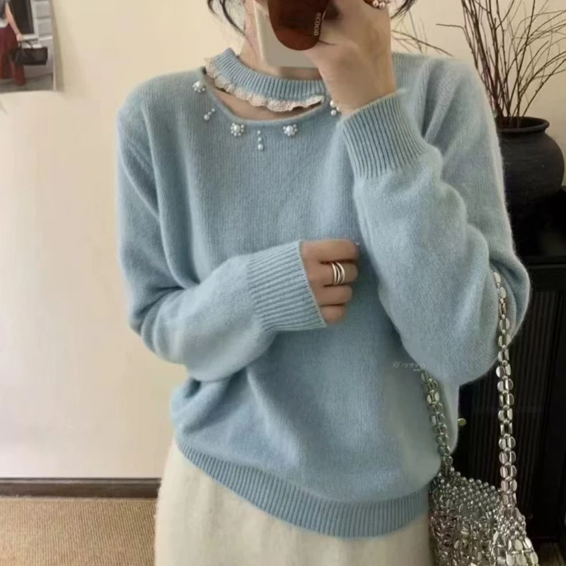 蜜柚家 春款小心机蕾丝花边领毛衣