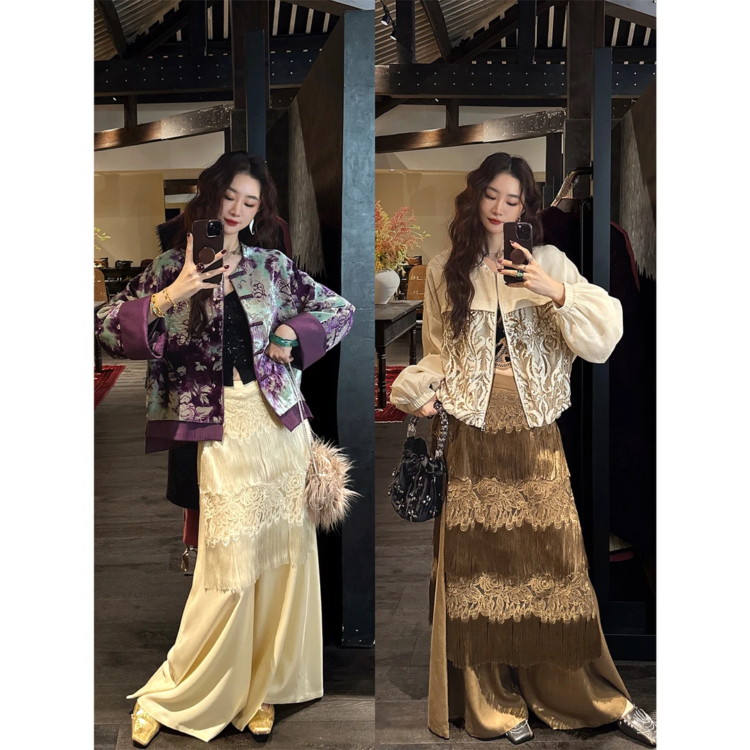 三吉黑花【绾绾】新中式天.丝阔腿裤子2025新款刺绣流苏休闲长裤潮