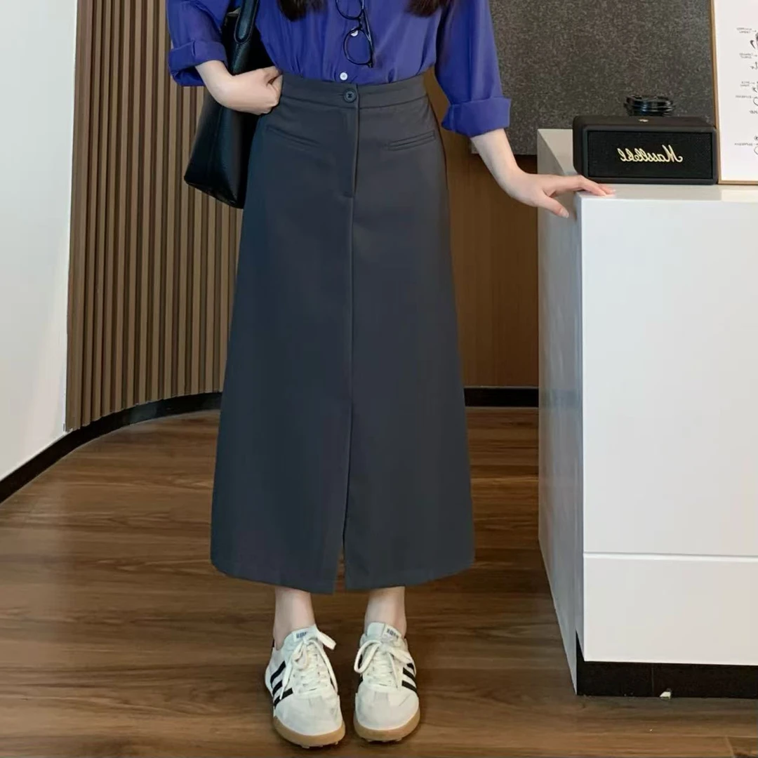 【折扣】小羽酱小个子定制百搭半松紧腰高腰前开叉A字西装半身裙
