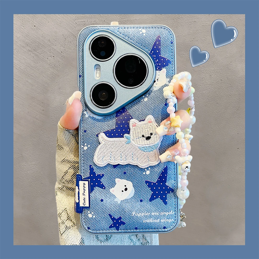 适用华为pura70pro+手机壳70Ultra可爱卡通牛仔纹刺绣狗狗pura80P