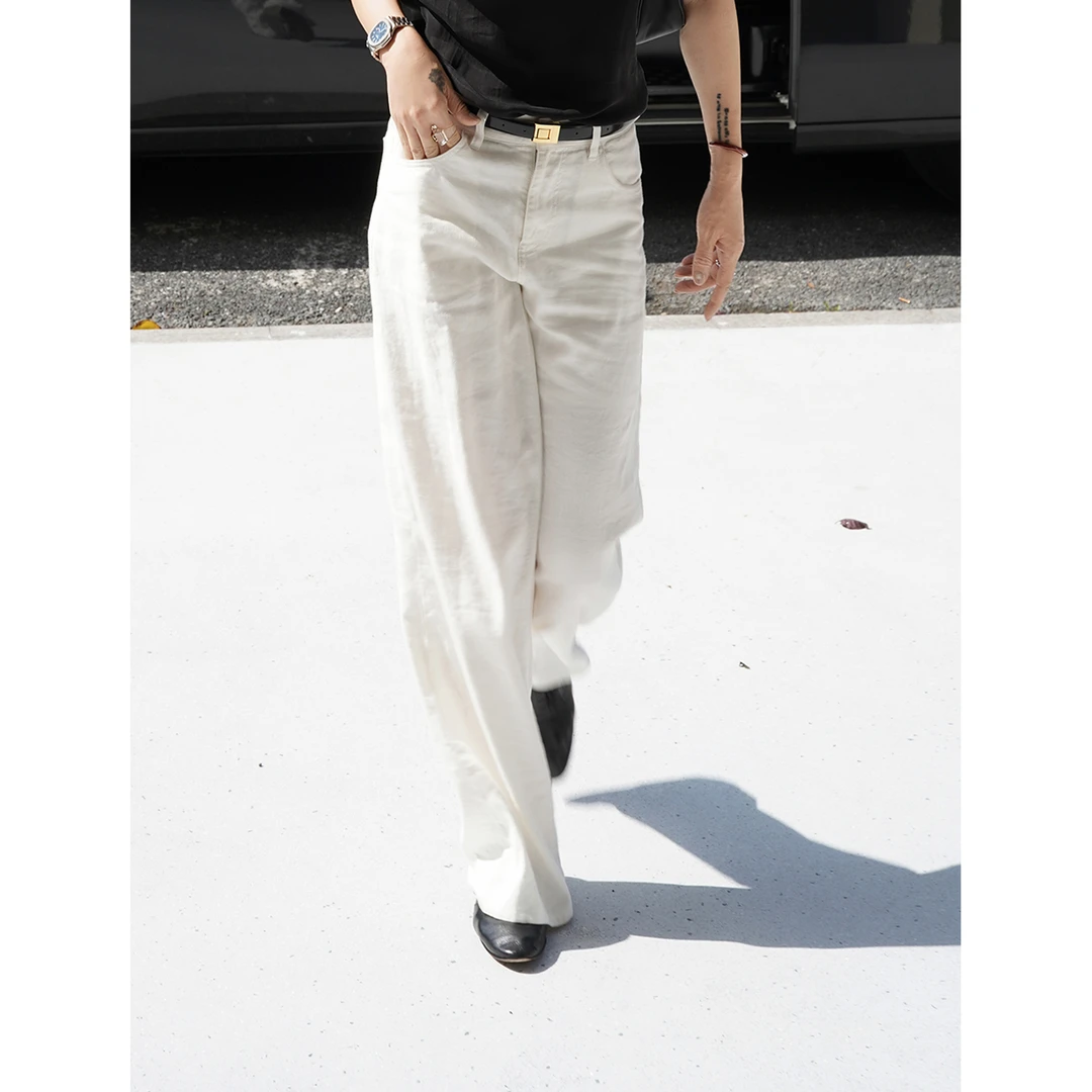 SHIIEELL白色休闲裤夏季新款极简风亚麻棉微透宽松直筒裤W3008