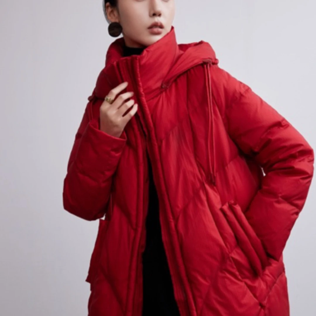 娅扣布衣681#冬季保暖羽绒服厚款女中长款高定连帽白鸭绒外套