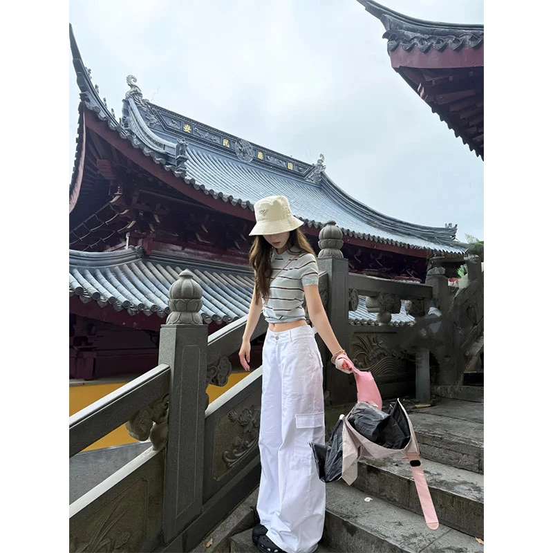 学院风蓝色条纹Polo领针织短袖t恤夏修身短款正肩上衣高腰休闲裤