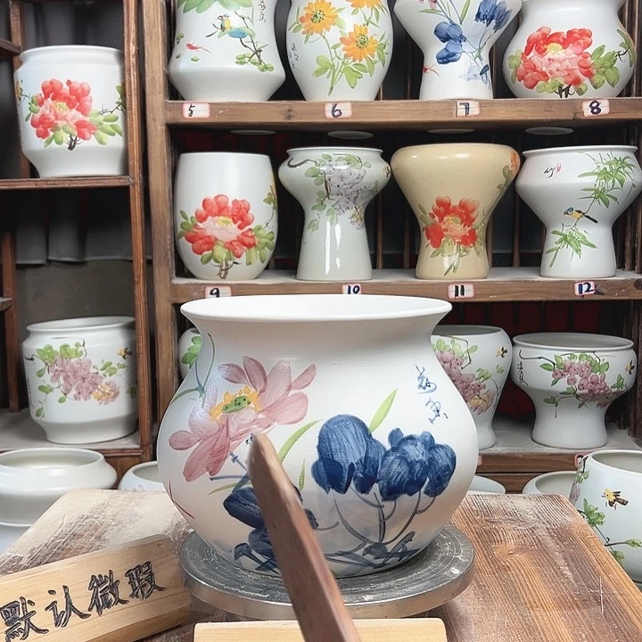 摆件钱袋子青花荷花新款陶瓷