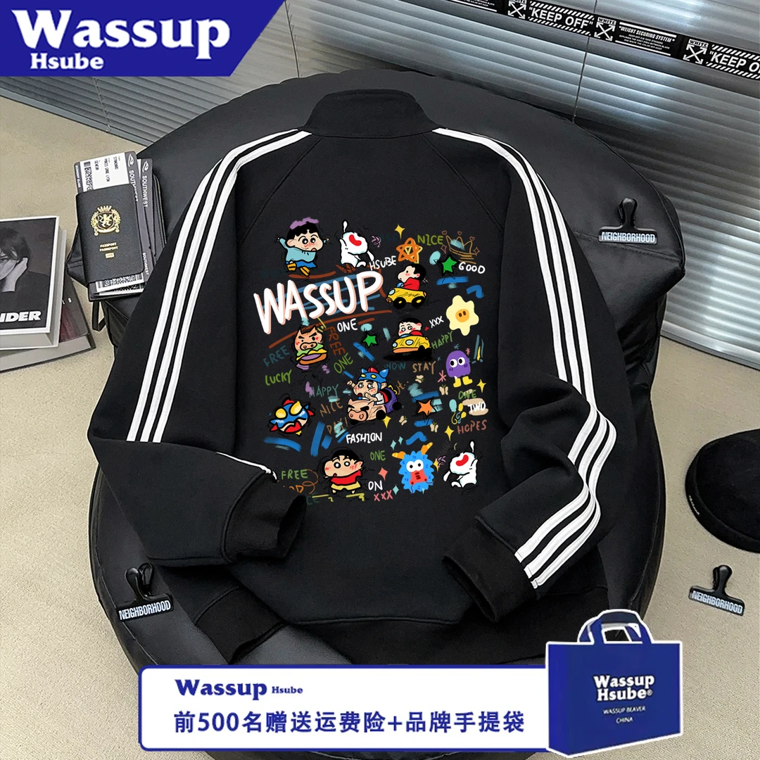 WASSUP HSUBE美式潮情侣长袖三条杠印花卡通小新秋冬宽松拉链上衣