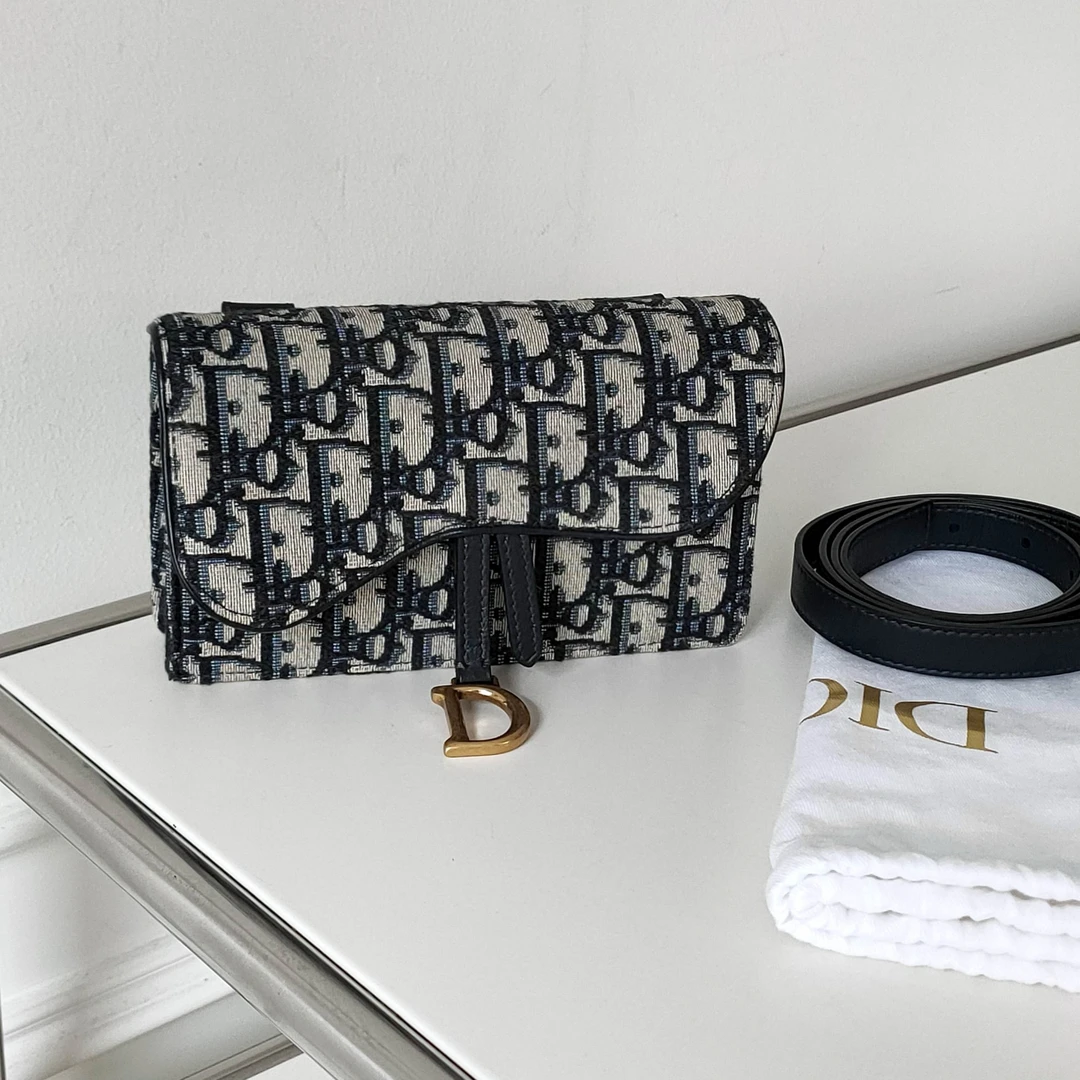 95新 DIOR/迪奥 Azul-Saddle蓝色老花马鞍腰包40177