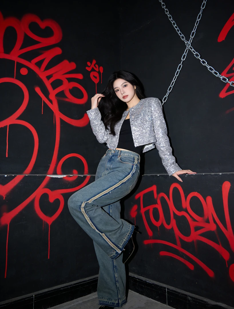 休闲女牛仔裤磨毛长裤时尚高腰秋冬阔腿五袋牛仔裤