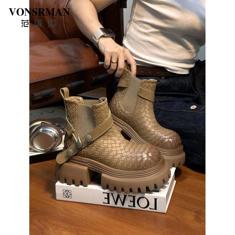 欧货高端编织大头松糕厚底马丁靴女2025新款小个子增高切尔西短靴