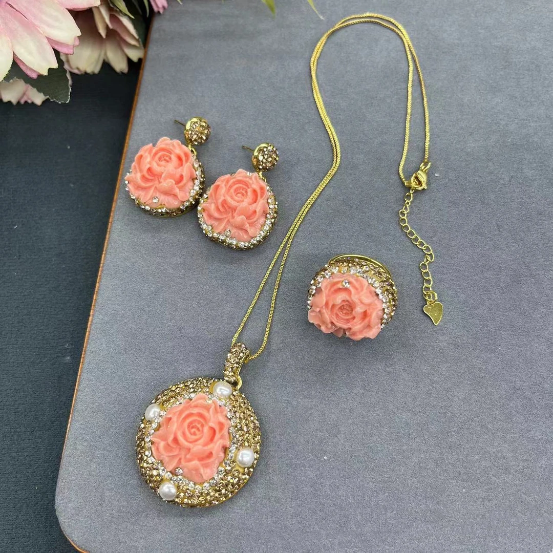 铜合金戒指 【509】新款千层花粉项链戒指耳环三件套新中式吉祥花