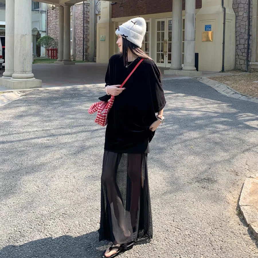 春夏季2025年新款简约廓形轻奢百搭上衣+高腰网纱拼接鱼尾半身裙