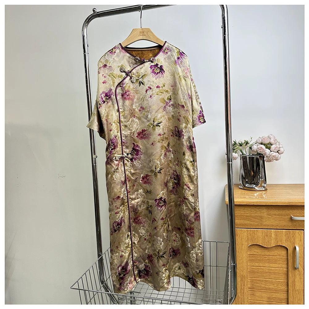 Q163      夏季新款女士国风复古门襟扣圆领短袖连衣裙女