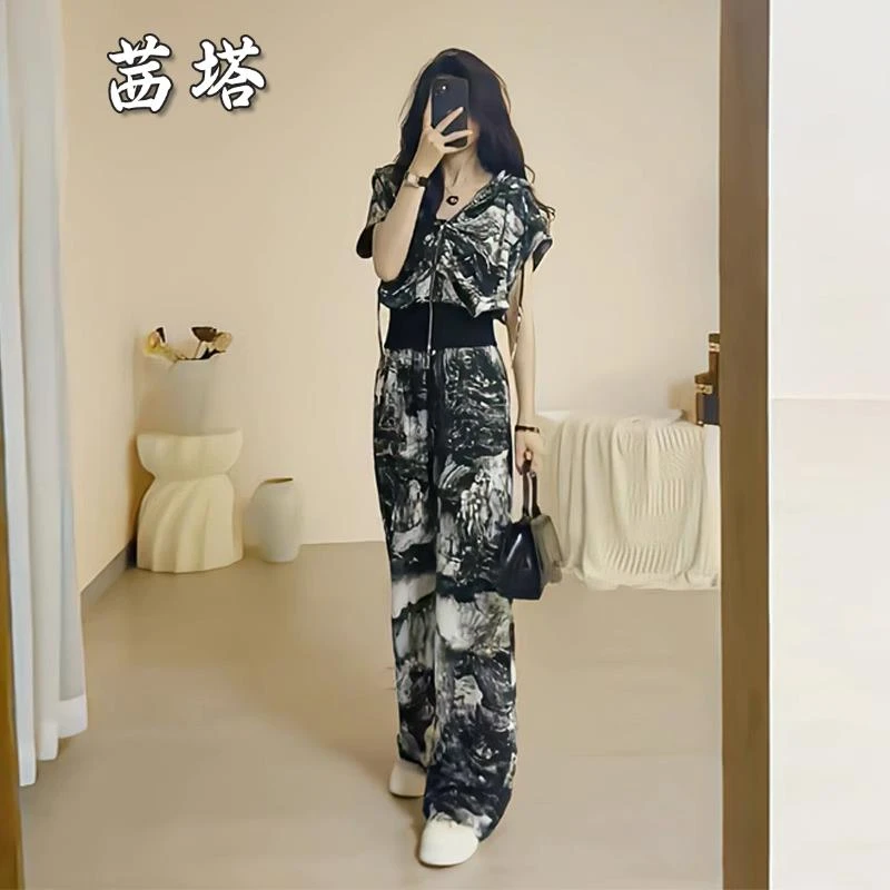 运动套装女夏季2025新款港味轻熟风晕染挂帽开衫高腰阔腿裤两件套