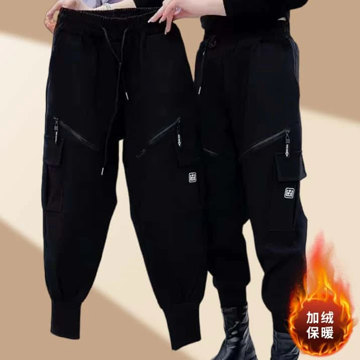 黑色加绒工装束脚裤女2025秋冬新款宽松大码哈伦裤加厚休闲运动裤