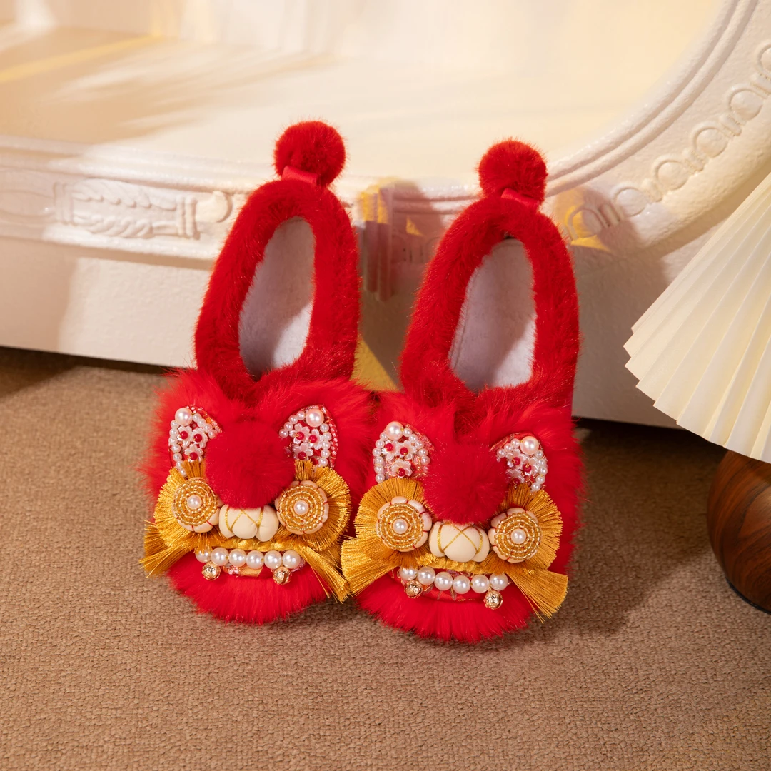 冬季女士加绒平底棉鞋轻奢鞋子百搭虎头鞋女款毛毛棉鞋国风潮鞋