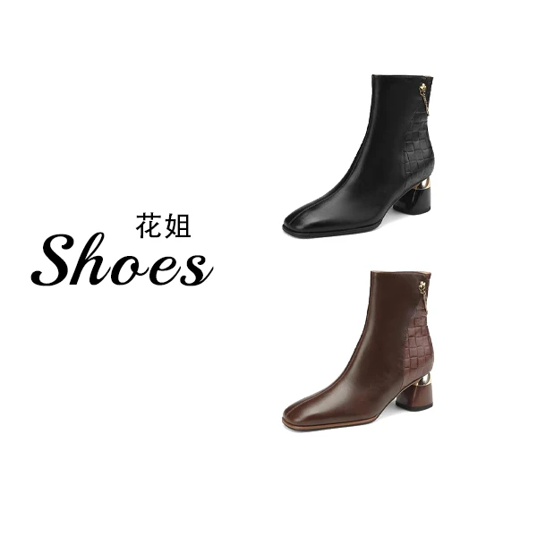 法式拼接时尚气质方头短靴女2026新款粗跟百搭高跟鞋