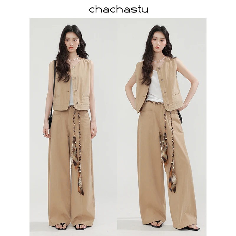 CHACHASTU 工装复古叠穿无袖马甲外套马甲背心休闲裤套装ZRS999