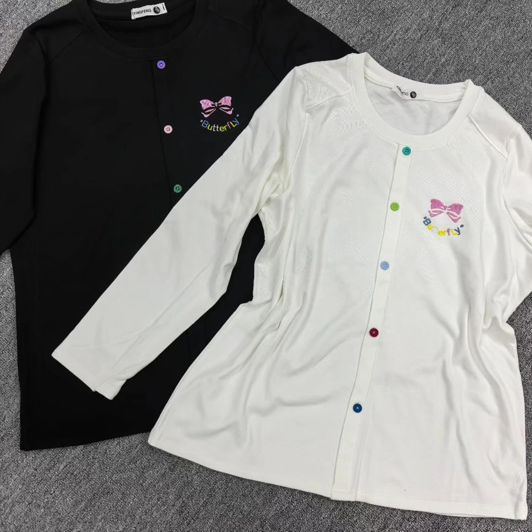 冬季磨毛时尚纽扣蝴蝶结刺绣宽松型长袖打底家居服圆领印花T恤