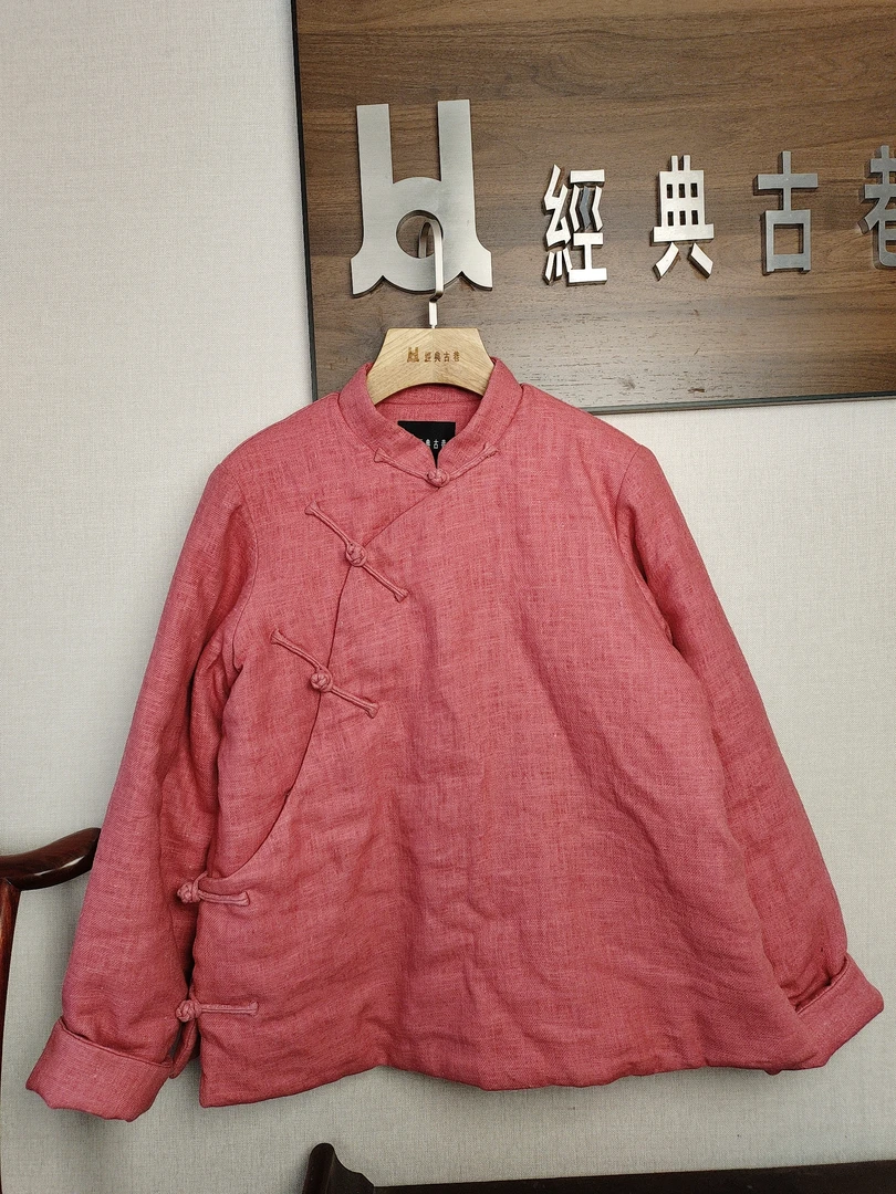 样衣处理厚款新中式西瓜红亚麻中长款棉服立领常规款棉衣做旧长袖