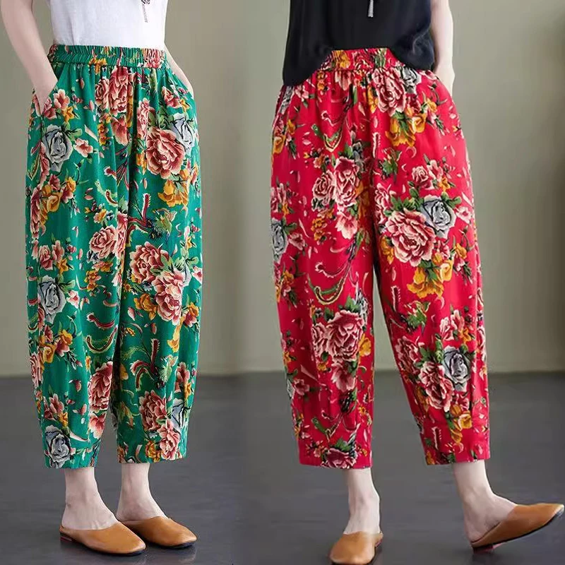 东北大花布女棉麻裤子民族风复古女装大码休闲长裤广场舞蹈演出服