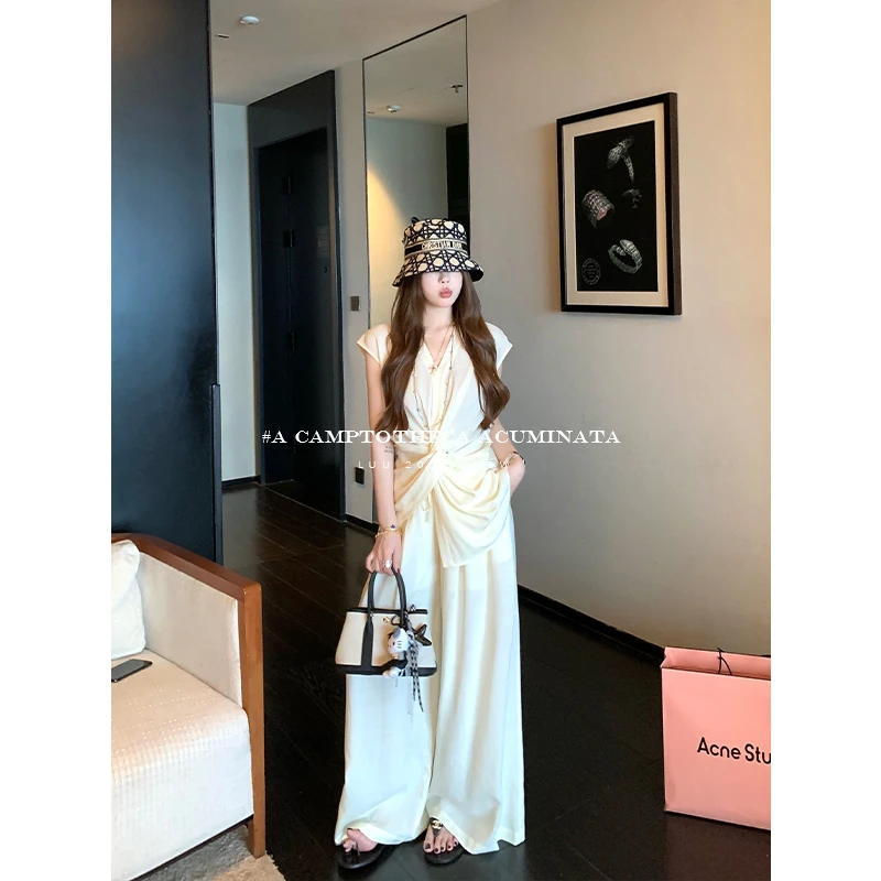 LUU桃喜儿/白色纽结无袖两件套上衣女夏慵懒薄款莱赛尔裤子套装