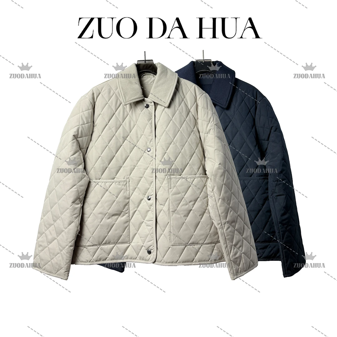 左大花 轻奢绗缝羊毛领夹克棉服女秋冬新款高级感菱格翻领外套