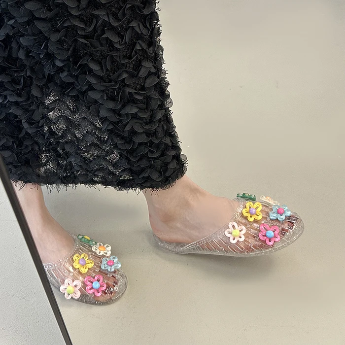 水晶鞋凉鞋平底透明半拖鞋花果冻软底凉拖鞋西装裤女孕妇裤秋冬款