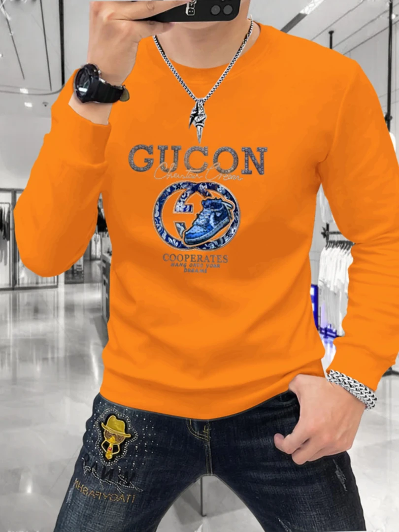 2025秋冬新款男士潮男字母烫钻卫衣欧货潮牌男士长袖T恤潮流轻奢