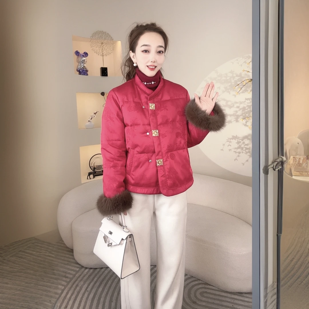 新中式新款国风毛毛袖提花高端重工立领加棉外套WRZSA0133