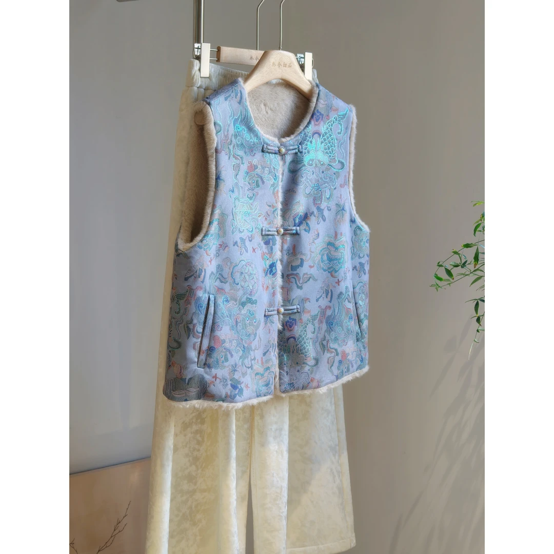 灰蓝色双面穿毛毛马甲新中式年轻减龄加厚国风外穿马夹日常冬大码