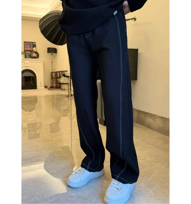 春夏款免烫抽绳拼接阔腿轻奢水洗时尚休闲裤潮流男士中弹力长裤