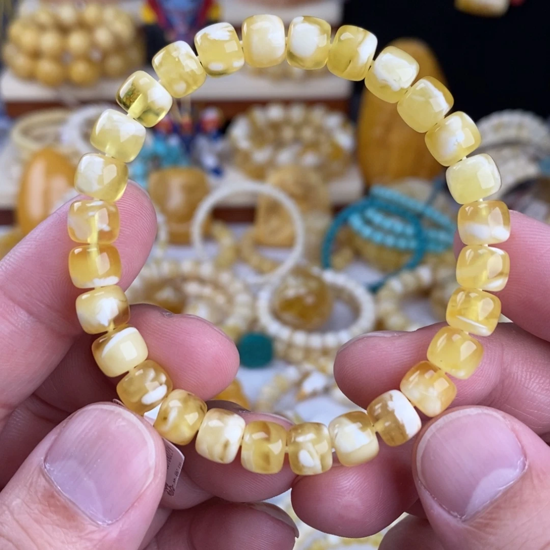 蜜蜡未镶嵌手链金瓷白妖花8mm