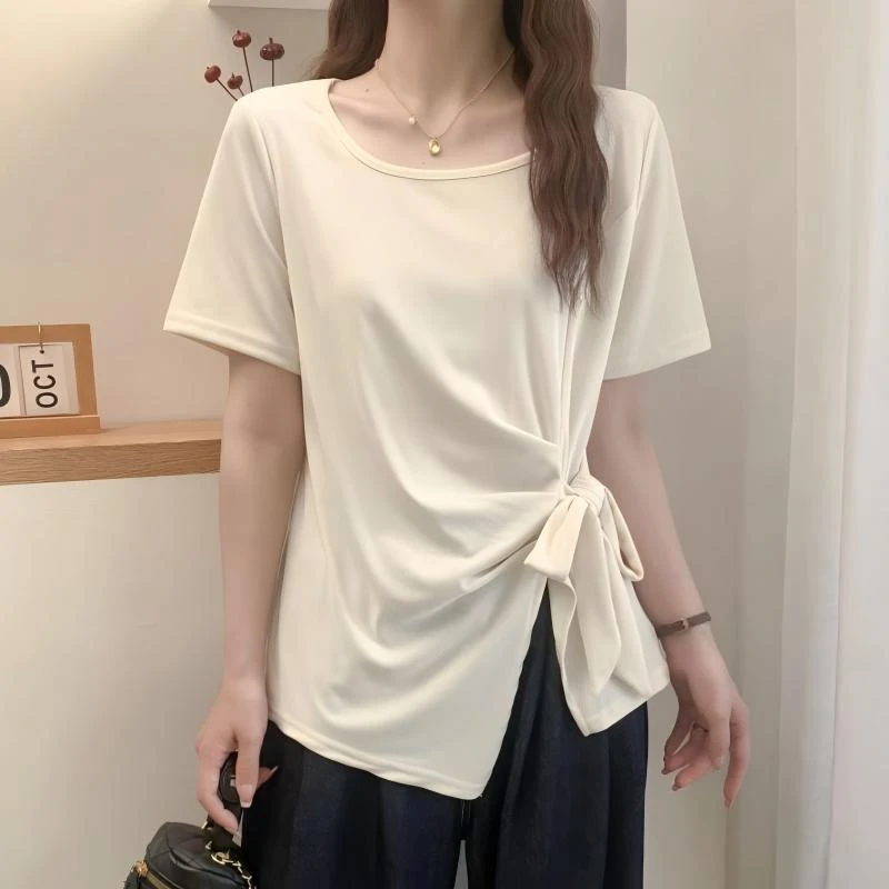 精D35【爆款女装】方领系带T恤女夏胖mm显瘦夏季不规则下摆显白上衣