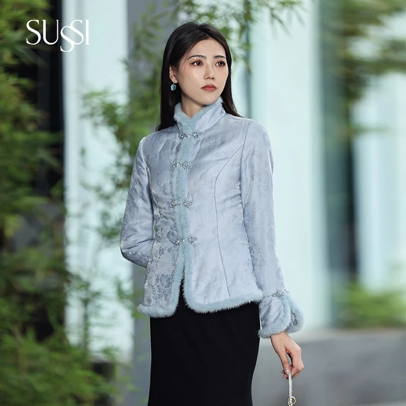 SUSSI/古色25秋冬商场同款新中式天丝提花棉衣高级感外套女