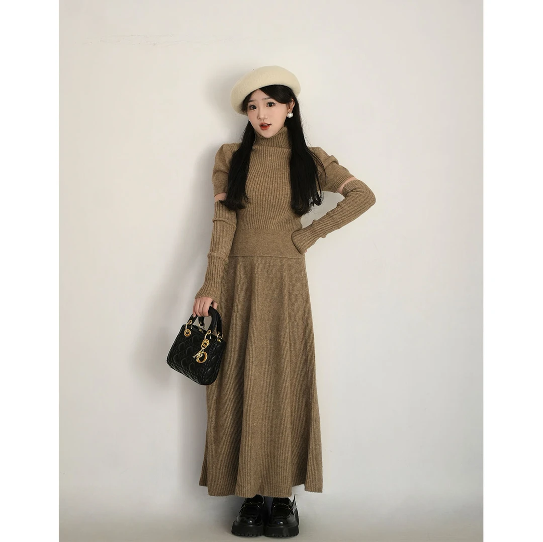 洋洋子【摩卡】盐系轻熟慵懒风针织套装裙高领短袖上衣半身毛衣长裙