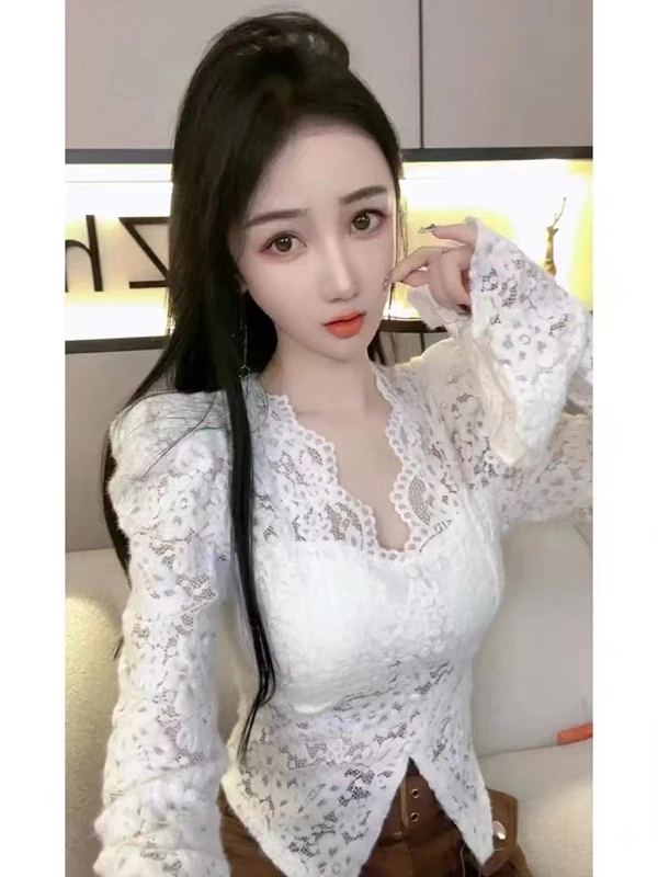 无毛款名媛风显瘦修版V领蕾丝衫
