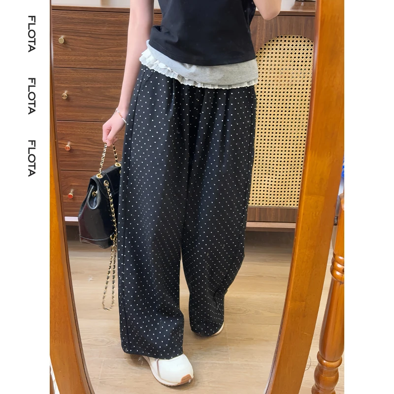 【flota】新款白色小波点高腰长裤蕾丝韩系拼接设计感百搭裤子0091