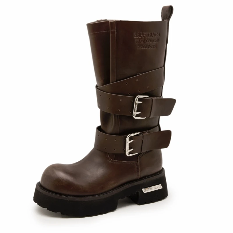 厚底马丁靴女时尚大头德比机车靴2025秋新款小众设计感中筒骑士靴