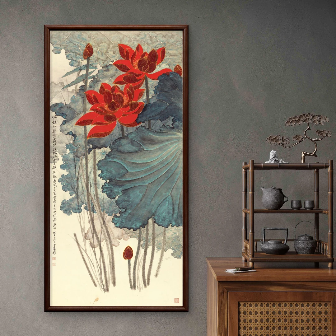043-55*110金丝荷花中式装饰画实木框玄关书房茶室客厅挂画