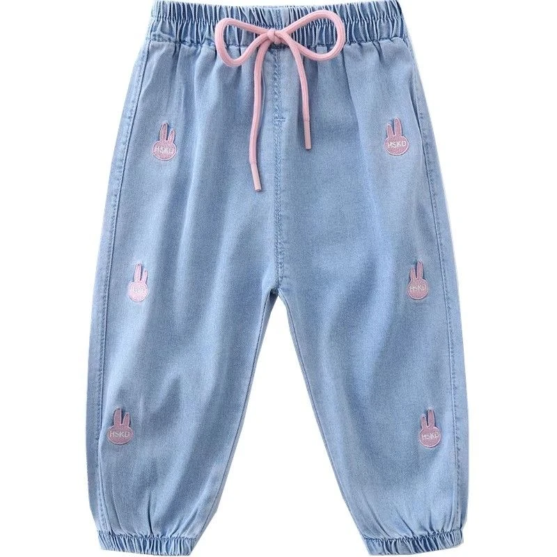 辰baby童装夏季女童天丝牛仔防蚊裤薄款婴儿童长裤女宝宝小兔刺绣