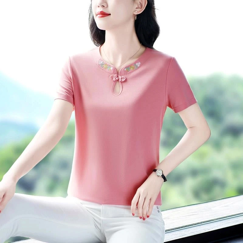 冰丝短袖女夏装2025新款妈妈大码休闲t恤宽松百搭半袖上衣绣花