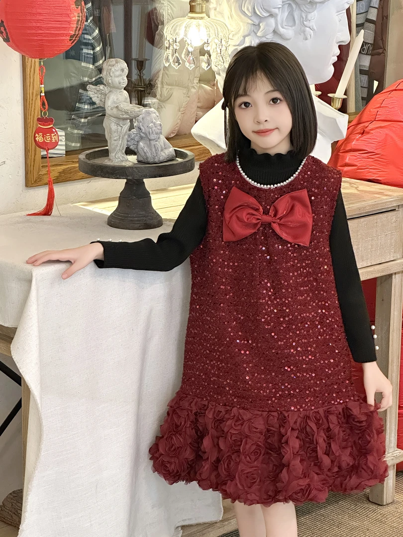 626-【流光亮片】女童年款蝴蝶结精致贵气韩版立体玫瑰儿童连衣裙