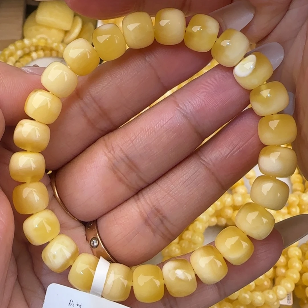 蜜蜡未镶嵌手链金白老型手串