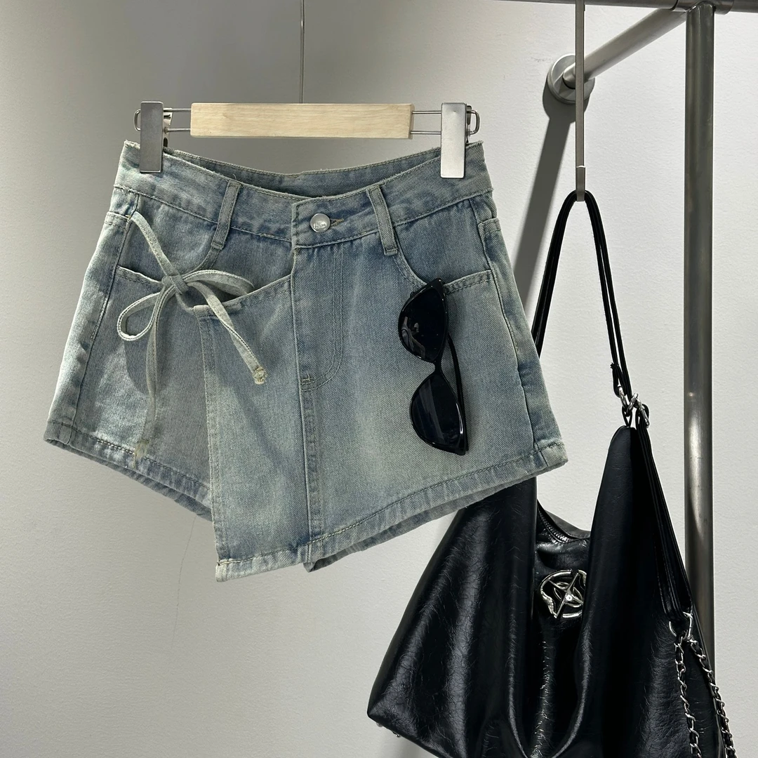 998高腰绑带设计感短牛仔裤百搭短裤夏季复古裙蝴蝶结休闲