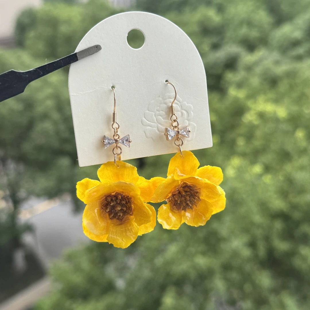 合金树脂耳饰 植物花卉日韩i黄色蝴蝶结锆石长款白色耳环耳钩仙女