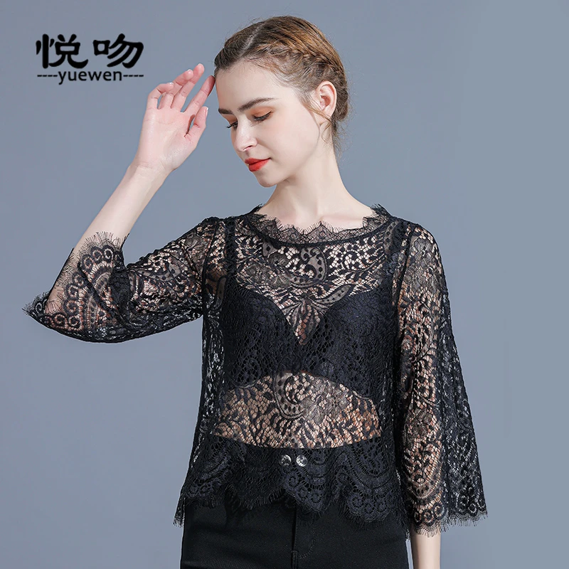 七分袖蕾丝透视打底衫女内搭夏薄款高端洋气小衫短款别致上衣罩衫